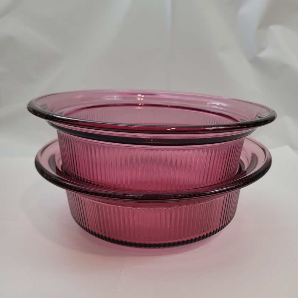 Lot‎ of 2 Corning Vision Casserole Dish V-30-B Cranberry Glass 24oz Ribbed Round